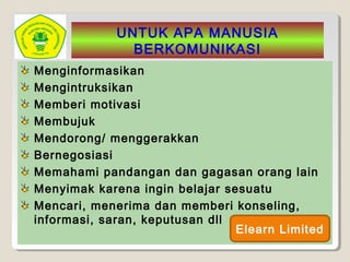 UNTUK APA MANUSIA
BERKOMUNIKASI
Menginformasikan
Mengintruksikan
Memberi motivasi
Membujuk
Mendorong/ menggerakkan
Bernegosiasi
Memahami pandangan dan gagasan orang lain
Menyimak karena ingin belajar sesuatu
Mencari, menerima dan memberi konseling,
informasi, saran, keputusan dll
Elearn Limited
 