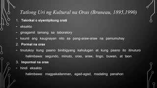 Tatlong Uri ng Kultural na Oras (Bruneau, 1895,1990)
1. Teknikal o siyentipikong oras
- eksakto
- ginagamit lamang sa laboratory
- kaunti ang kaugnayan nito sa pang-araw-araw na pamumuhay
2. Pormal na oras
- tinutukoy kung paano binibigyang kahulugan at kung paano ito itinuturo
halimbawa: segundo, minuto, oras, araw, lingo, buwan, at taon
3. Impormal na oras
- hindi eksakto
halimbawa: magpakailanman, agad-agad, madaling panahon
 