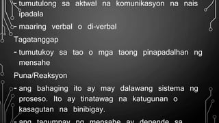- tumutulong sa aktwal na komunikasyon na nais
ipadala
- maaring verbal o di-verbal
Tagatanggap
- tumutukoy sa tao o mga taong pinapadalhan ng
mensahe
Puna/Reaksyon
- ang bahaging ito ay may dalawang sistema ng
proseso. Ito ay tinatawag na katugunan o
kasagutan na binibigay.
 
