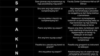 S
Saan ginanap ang kumperensya ng
mga peryodistang mag-aaral?
Faculty Center Conference Hall sa UP
Diliman
P
Sinu-sino ang mga kalahok sa
kumperensyang ito?
Mga delegadong estudyante na
pawing mamamahayag o peryodista
na nanggaling sa iba’t ibang kolehiyo
o pamantasan
E
Ano ang pakay o layunin ng
kumperensyang ito?
Magkaroon ng karagdagang
kaalaman sa pamamahayag batay sa
mga karanasan ng mga batikang
mamamahayag sa bansa
A
Paano ang takbo ng usapan? Maayos ang daloy ng talakayan dahil
may sistemang sinusunod at may
tagapamagitan sa bahagi ng
talakayan at tanungan
K
Ano ang tono ng pag-uusap? Pormal ang talakayan sa
kumperensya
I
Pasalita ba o pasulat ang tsanel na
ginamit?
Pasalita ang ginagamit na instrument
sa talakayan
N
Ano ang paksa ng usapan? Kasalukuyang isyu at usapin sa mga
pahayagang pampaaralan gaya ng
 