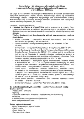 Komunikat nr 1 dla mieszkańców Powiatu Kościerskiego
z posiedzenia Powiatowego Zespołu Zarządzania Kryzysowego
w dniu 28 l...