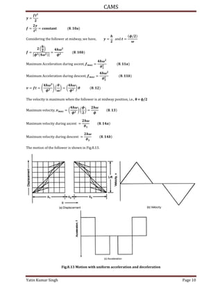CAMS
Yatin Kumar Singh Page 10
=
= = � . �
Cons�d���n� t�� �o��ow�� at ��dwa�, w� �av�, = and =
�/
�
=
[� � ]
=
�
�
.
Ma���u� Acc����at�on du��n� asc�nt, =
�
�
.
Ma���u� Acc����at�on du��n� d�sc�nt, =
�
�
.
= =
�
�
(
�
�
) = (
�
�
) � .
The velocity is maximum when the follower is at midway position, i.e., θ = ϕ/2
Ma���u� v��oc�t�, = (
�
�
) (
�
) =
�
�
.
Ma���u� v��oc�t� du��n� asc�nt =
�
�
.
Ma���u� v��oc�t� du��n� d�sc�nt =
�
�
.
The motion of the follower is shown in Fig.8.13.
Fig.8.13 Motion with uniform acceleration and deceleration
 