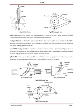 CAMS
Yatin Kumar Singh Page 3
Fig.8.4 Spiral cam Fig.8.5 Conjugate cam
Spiral Cams: A spiral cam is a face cam in which a groove is cut in the form of a spiral, as shown in Fig.8.4.
The spiral groove consists of teeth which mesh with a pin gear follower.
Conjugate Cams: It is a double disc cam in which the two discs keyed together are in constant touch with the
two rollers of a follower, as shown in Fig.8.5. Such a cam gives low wear, low noise, better control of follower,
high speed, and high dynamic loads, etc.
Globoidal Cams: A globoidal cam has either a convex or a concave surface. A circumferential groove is cut on
the surface of rotation of the cam to impart motion to the follower, which has oscillatory motion, as shown in
Fig.8.6(a) and (b). This is used where the angle of oscillation is large.
Spherical Cams: In a spherical cam, the follower oscillates about an axis perpendicular to the axis of rotation
of the cam. The spherical cam is in the form of a spherical surface, as shown in Fig.8.7.
Fig.8.6 Globoidal cam
Fig.8.7 Spherical cam
 