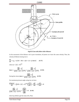 CAMS
Yatin Kumar Singh Page 30
Fig.8.52 Cam with offset roller follower
As the movement of the follower rod is pure translation, all points on it have the same velocity. Thus, the
velocity of follower during rise is:
= = � − = �[ + + � ] .
w���� = (� − )
.
� =
[ − ]
[ � + � − . ]
=
[
�
− ]
[ � + � − . ]
.
Du��n� t�� ��tu�n, � =
[|
�
| + ]
[ � + � − . ]
.
For maximum pressure angle, using rise, we have
�
�
= [ � + (� − )
.
]
�
− (
�
− ) (
�
) =
(
�
− )
[ � + � − . ]
=
(
�
)
(
�
)
= .
Solve Eq. . to get the value of θ0. Then
 