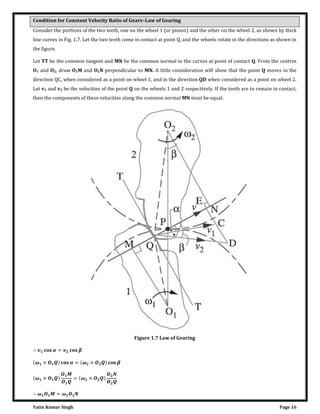 Yatin Kumar Singh Page 16
Condition for Constant Velocity Ratio of Gears–Law of Gearing
Consider the portions of the two teeth, one on the wheel 1 (or pinion) and the other on the wheel 2, as shown by thick
line curves in Fig. 1.7. Let the two teeth come in contact at point Q, and the wheels rotate in the directions as shown in
the figure.
Let TT be the common tangent and MN be the common normal to the curves at point of contact Q. From the centres
O1 and O2, draw O1M and O2N perpendicular to MN. A little consideration will show that the point Q moves in the
direction QC, when considered as a point on wheel 1, and in the direction QD when considered as a point on wheel 2.
Let v1 and v2 be the velocities of the point Q on the wheels 1 and 2 respectively. If the teeth are to remain in contact,
then the components of these velocities along the common normal MN must be equal.
Figure 1.7 Law of Gearing
∴ =
� × = � ×
� × = � ×
∴ � = �
 