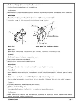 Yatin Kumar Singh Page 6
 Has better efficiency of transmission with reduced gear noise
 Involves some technical difficulties in manufacturing
Applications:
 Automobiles, tractors, vehicles, final reduction gearing for ships. Especially suitable for high-speed, heavy load drives
Miter Gears:
 A special class of bevel gear where the shafts intersect at 90° and the gear ratio is 1:1.
 It is used to change the direction of shaft rotation without change in speed.
Screw Gear Worm, Worm Gear and Center distance
Screw Gear:
A helical gear that transmits power from one shaft to another, nonparallel, nonintersecting shaft
Features:
 Can be used as a speed reducer or as a speed increaser
 Due to sliding contact, has higher friction
 Not suitable for transmission of high horsepower
Applications:
 Driving gear for automobile. Automatic machines that require intricate movement
Worm Gear:
 Worm is a shank having at least one complete tooth (thread) around the pitch surface and is the driver of a worm
wheel.
 Worm Gear (worm wheel) is a gear with teeth cut on an angle to be driven by a worm.
 The worm gear pair is used to transmit motion between two shafts which are at 90°to each other and lie on a plane.
Features:
 Provides large reduction ratios for a given center distance
 Quiet and smooth meshing action
 It is not possible for a worm wheel to drive a worm unless certain conditions are met
Applications:
 Speed reducers, anti reversing gear devices making the most of its self-locking features, machine tools, indexing
devices, chain blocks, portable generators, etc.
 