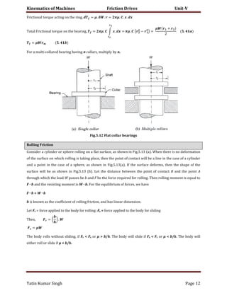 Kinematics of Machines Friction Drives Unit-V
Yatin Kumar Singh Page 12
���c���n�� ����u� �c��n� �n ��� ��n�, = �. � . = ��. . �. �
����� ���c���n�� ����u� �n ��� b����n�, = ��. ∫ �. � = ��. ( − ) =
� +
.
= � .
For a multi-collared bearing having n collars, multiply by n.
Fig.5.12 Flat collar bearings
Rolling Friction
Consider a cylinder or sphere rolling on a flat surface, as shown in Fig.5.13 (a). When there is no deformation
of the surface on which rolling is taking place, then the point of contact will be a line in the case of a cylinder
and a point in the case of a sphere, as shown in Fig.5.13(a). If the surface deforms, then the shape of the
surface will be as shown in Fig.5.13 (b). Let the distance between the point of contact B and the point A
through which the load W passes be b and F be the force required for rolling. Then rolling moment is equal to
F · h and the resisting moment is W · b. For the equilibrium of forces, we have
F · h = W · b
b is known as the coefficient of rolling friction, and has linear dimension.
Let Fr = force applied to the body for rolling; Fs = force applied to the body for sliding
���n, � = ( ) .
� = �
The body rolls without sliding, if Fr < Fs or μ > b/h. The body will slide if Fs < Fr or μ < b/h. The body will
either roll or slide if μ = b/h.
 