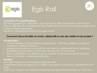 Egis Rail
La société et sa problématique :
Egis Rail (groupe Egis -10000 pers.) se compose de 1200 collaborateurs dont 600 en
France . Egis Rail est une référence dans l’ingénierie des transports urbains guidés (Tram)
et des transports ferroviaires.
Egis Rail a interrogé komunote sur le sujet suivant :
Comment mieux travailler en mode collaboratif au sein des métiers et des projets ?
Travail réalisé :
•  un état des lieux sur les pratiques collaboratives : interviews, ateliers, synthèse et
chantiers à mettre en oeuvre
•  groupes de travail pour co-construire une vision du collaboratif dans l’entreprise.
•  3 expérimentations avec itération selon le type de communautés.
•  2015 : accélération du déploiement et chantier communautés et performance
dans un nouveau cadre organisationnel.
Résultat :
Une vision claire et construite de la feuille de route
3 expérimentations réussies qui ont validé l’orientation et entrainé un déploiement plus
large
Le groupe s’appuie sur l’expérience Egis Rail pour généraliser le projet aux 10000 pers.
 