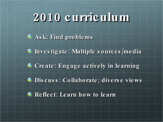 2010 curriculum Ask: Find problems Investigate: Multiple sources/media Create: Engage actively in learning Discuss: Collaborate; diverse views Reflect: Learn how to learn 