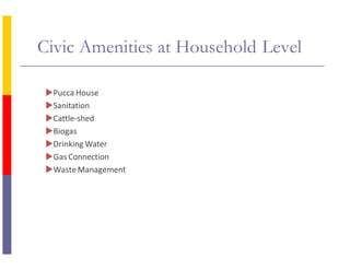 Civic Amenities at Household Level
Pucca House
Sanitation
Cattle-shed
Biogas
Drinking Water
Gas Connection
WasteManagement
 