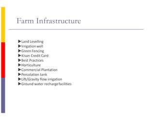 Farm Infrastructure
Land Levelling
Irrigationwell
Green Fencing
Kisan Credit Card
Best Practices
Horticulture
Commercial Plantation
Percolation tank
Lift/Gravity flow irrigation
Ground water rechargefacilities
 