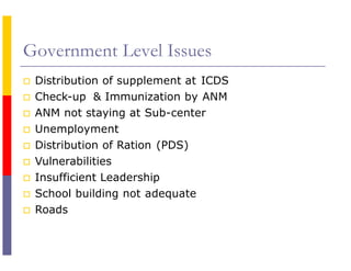 Government Level Issues
 Distribution of supplement at ICDS
 Check-up & Immunization by ANM
 ANM not staying at Sub-center
 Unemployment
 Distribution of Ration (PDS)
 Vulnerabilities
 Insufficient Leadership
 School building not adequate
 Roads
 
