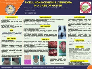 18 th Annual Conference of
The Indian Association of Endocrine Surgeons
(IAESCON 2017)
Non-Hodgkin’s Lymphoma is divided into 2
main categories; namely B-cell (B-
lymphocyte) and T-cell (T-lymphocyte).
Out of these 2 types T-cell lymphocyte is
less common and presents only in 20% cases
of NHL.
Non-Hodgkin’s Lymphoma may appear in
the lymph nodes, sinuses, skin, bones, lungs,
liver and soft tissues.
But NHL affecting primarily to thyroid gland
is very rare.
Diagnosis may be difficult due to absence of
typical clinical / biological signs. But,
histopathological study confirms the
diagnosis and helps to determine the grades
of malignancy.
Dr. Priyadarshan Konar, Dr. Suman Sourav Rout, Prof. (Dr.) Prakash Kumar Sahoo
1. IMS & SUM Hospital, BBSR
2. IMS & SUM Hospital, BBSR
3. IMS & SUM Hospital, BBSR
T-CELL NON-HODGKIN’S LYMPHOMA
IN A CASE OF GOITER Your Logos
here
Contact Information: Dr. Priyadarshan Konar, PGT, Department of Surgery, IMS & SUM Hospital, BBSR. Ph. +91 9831561159, Email. dr.pkonar@gmail.com
There were no signs of local inflammation, swelling was moving with deglutition.
There was recent onset of hoarseness of voice.
Bilateral carotid pulses well felt, no palpable lymphadenopathy.
Swelling was extending into the retrosternal region.
Per abdomen examination reveals no organomegaly.
INVESTIGATION
Chest X-ray showed retrosternal extension.
TSH was within normal limits.
USG - enlarged both lobes of thyroid and isthmus showing
multiple ill defined mixed echogenic SOL within and minimal
vascularity with retrosternal extension.
Fine Needle Aspiration Cytology revealed lymphoid cells
impinging on follicular cells with Hurtle cell changes and lymphoid
cells in various stages of maturation; diagnosed as Autoimmune
Thyroiditis.
TREATMENT
Total thyroidectomy was planned, but only
debulking could be done due to gross adhesion
to the trachea and surrounding structures and
retrosternal extension.
The histopathological examination revealed
Non-Hodgkin’s lymphoma.
Subsequently, immunohistochemistry report
confirms the diagnosis as high-grade T-cell Non-
Hodgkin’s Lymphoma favoring peripheral T-cell
Lymphoma.
 Afterwards, L-Thyroxin
substitution therapy and
chemotherapy started. (CHOP
regimen 21 days interval x 6
cycles)
• 6 months after chemotherapy
REFERENCES
 Prof. (Dr.) Prakash Kumar Sahoo
 Department of Surgery, IMS & SUM Hospital, BBSR
 Department of Pathology, IMS & SUM Hospital, BBSR
1) Mahfoudhi, M., Khammassi, K., Gorsane, I., El Euch, M.,
Turki, S., Salah, M.B. and Abdallah, T.B. (2015) Primary
Thyroid Non-Hodgkin’s Lymphoma. Open Journal of
Pathology, 5, 114-116.
2) Khadilkar UN, Mathai AM, Chakrapani M, Prasad K. Rare
association of papillary carcinoma of thyroid with adult T-
cell lymphoma/leukemia. Indian J Pathol Microbiol
2010;53:125-7
3) Dündar HZ, Sarkut P, Kırdak T, Korun N. Primary thyroid
lymphoma. Turkish Journal of Surgery/Ulusal cerrahi
dergisi. 2016;32(1):75-77. doi:10.5152/UCD.2015.2935.
 Patient with T- Cell Non Hodgkin’s lymphoma
should be managed with chemotherapy after
surgery.
ON EXAMINATION
CASE REPORT
AIM
DISCUSSIONSIntroduction
CONCLUSIONs
Acknowledgements
 Presenting here a case of T- Cell Non
Hodgkin’s lymphoma in a case of goiter.
 This case is being presented because of
it’s rarity.
Malignant Lymphoma of the thyroid are
very uncommon.
Incidence is less than 2% of all thyroid
malignancies.
T-cell lymphomas are extremely rare and
accounts for less than 1%
We have come across a rare case of T-
Cell Non-Hodgkin’s Lymphoma
25-year-old male patient.
Presented with progressive swelling over
the anterior aspect of neck since 4
months.
Swelling size was approx. 10cm x 10cm,
extending laterally beyond
sternocleidomastoid muscle on each side.
There were no signs of local
inflammation, swelling was moving with
deglutition.
There was recent onset of hoarseness of
voice.
He had no history of fever or sweating or
rapid weight loss in the recent past.
 