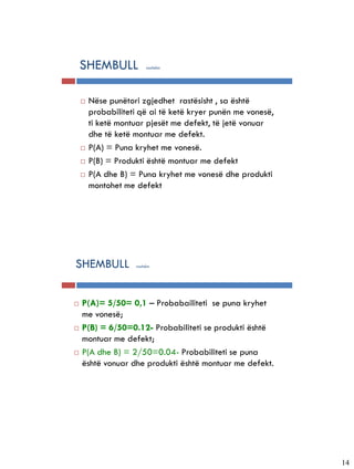 5-21


           SHEMBULL             vazhdim




              Nëse punëtori zgjedhet rastësisht , sa është
               probabiliteti që ai të ketë kryer punën me vonesë,
               ti ketë montuar pjesët me defekt, të jetë vonuar
               dhe të ketë montuar me defekt.
              P(A) = Puna kryhet me vonesë.
              P(B) = Produkti është montuar me defekt
              P(A dhe B) = Puna kryhet me vonesë dhe produkti
               montohet me defekt




       SHEMBULL            vazhdim




          P(A)= 5/50= 0,1 – Probabailiteti se puna kryhet
           me vonesë;
          P(B) = 6/50=0.12- Probabiliteti se produkti është
           montuar me defekt;
          P(A dhe B) = 2/50=0.04- Probabiliteti se puna
           është vonuar dhe produkti është montuar me defekt.




                                                                    14
 