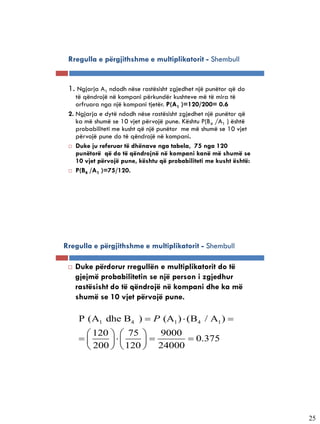 Rregulla e përgjithshme e multiplikatorit - Shembull


 1. Ngjarja A1 ndodh nëse rastësisht zgjedhet një punëtor që do
    të qëndrojë në kompani përkundër kushteve më të mira të
    orfruara nga një kompani tjetër. P(A1 )=120/200= 0.6
 2. Ngjarja e dytë ndodh nëse rastësisht zgjedhet një punëtor që
    ka më shumë se 10 vjet përvojë pune. Kështu P(B4 /A1 ) është
    probabiliteti me kusht që një punëtor me më shumë se 10 vjet
    përvojë pune do të qëndrojë në kompani.
  Duke ju referuar të dhënave nga tabela, 75 nga 120
    punëtorë që do të qëndrojnë në kompani kanë më shumë se
    10 vjet përvojë pune, kështu që probabiliteti me kusht është:
  P(B4 /A1 )=75/120.




Rregulla e përgjithshme e multiplikatorit - Shembull

    Duke përdorur rregullën e multiplikatorit do të
     gjejmë probabilitetin se një person i zgjedhur
     rastësisht do të qëndrojë në kompani dhe ka më
     shumë se 10 vjet përvojë pune.

     P (A1 dhe B4 )  P (A1 )  (B4 / A1 ) 
       120   75    9000
                      0.375
       200   120  24000




                                                                    25
 