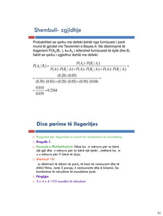 Shembull- zgjidhje
   Probabiliteti se qarku me defekt është nga furnizuesi i parë
   mund të gjindet me Teoremën e Bayes-it. Ne dëshirojmë të
   llogarisim P(A2/B1 ), ku A2 i referohet furnizuesit të dytë dhe B1
   faktit se qarku i zgjedhur është me defekt.

                                           P( A2 )  P( B1 | A2 )
   P( A2 | B1 )                                                                       
                    P( A1)  P( B1 | A1)  P( A2)  P( B1 | A2)  P( A2)  P( B1 | A3)
                       (0.20)  (0.05)
                                                        
     (0.30)  (0.03)  (0.20)  (0.05)  (0.50)  (0.04)
     0.010
            0.2564
     0.039




5-37


       Disa parime të llogaritjes

      Rregullat për llogaritjen e numrit të rezultateve të mundshme:
      Rregulla 1.
      Formula e Multiplikatorit: Nëse ka m mënyra për ta bërë
       një gjë dhe n mënyra për ta bërë një tjetër , atëherë ka m
       x n mënyra për t’i bërë të dyja.
      Shembull 10:
        Ju dëshironi të shkoni në park, të hani në restaurant dhe të
       shihni filma. Janë 3 parqe, 4 restaurante dhe 6 kinema. Sa
       kombinime të ndryshme të mundshme janë:
      Përgjigje:
      3 x 4 x 6 =72 mundësi të ndryshme




                                                                                           31
 