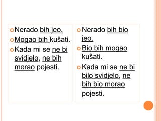 Nerado bih jeo. 
Mogao bih kušati. 
Kada mi se ne bi 
svidjelo, ne bih 
morao pojesti. 
Nerado bih bio 
jeo. 
Bio bih mogao 
kušati. 
Kada mi se ne bi 
bilo svidjelo, ne 
bih bio morao 
pojesti. 
 