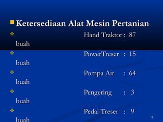 13 
 Ketersediaan AAllaatt MMeessiinn PPeerrttaanniiaann 
 HHaanndd TTrraakkttoorr :: 8877 
bbuuaahh 
 PPoowweerrTTrreesseerr :: 1155 
bbuuaahh 
 PPoommppaa AAiirr :: 6644 
bbuuaahh 
 PPeennggeerriinngg :: 33 
bbuuaahh 
 PPeeddaall TTrreesseerr :: 99 
bbuuaahh 
 