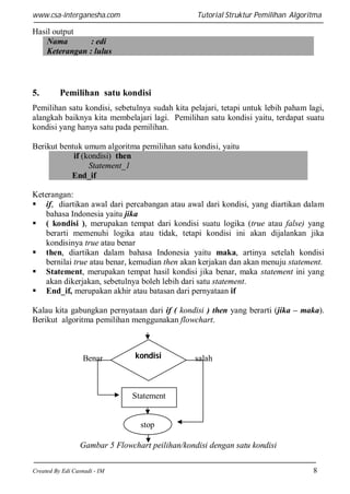 www.csa-interganesha.com

Tutorial Struktur Pemilihan Algoritma

Hasil output
Nama
: edi
Keterangan : lulus

5.

Pemilihan satu kondisi

Pemilihan satu kondisi, sebetulnya sudah kita pelajari, tetapi untuk lebih paham lagi,
alangkah baiknya kita membelajari lagi. Pemilihan satu kondisi yaitu, terdapat suatu
kondisi yang hanya satu pada pemilihan.
Berikut bentuk umum algoritma pemilihan satu kondisi, yaitu
if (kondisi) then
Statement_1
End_if
Keterangan:
 if, diartikan awal dari percabangan atau awal dari kondisi, yang diartikan dalam
bahasa Indonesia yaitu jika
 ( kondisi ), merupakan tempat dari kondisi suatu logika (true atau false) yang
berarti memenuhi logika atau tidak, tetapi kondisi ini akan dijalankan jika
kondisinya true atau benar
 then, diartikan dalam bahasa Indonesia yaitu maka, artinya setelah kondisi
bernilai true atau benar, kemudian then akan kerjakan dan akan menuju statement.
 Statement, merupakan tempat hasil kondisi jika benar, maka statement ini yang
akan dikerjakan, sebetulnya boleh lebih dari satu statement.
 End_if, merupakan akhir atau batasan dari pernyataan if
Kalau kita gabungkan pernyataan dari if ( kondisi ) then yang berarti (jika – maka).
Berikut algoritma pemilihan menggunakan flowchart.

Benar

kondisi

salah

Statement

stop
Gambar 5 Flowchart peilihan/kondisi dengan satu kondisi
Created By Edi Casnadi - IM

8

 