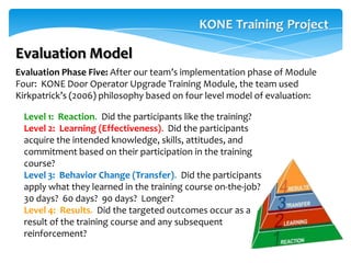 Evaluation Model
Evaluation Phase Five: After our team’s implementation phase of Module
Four: KONE Door Operator Upgrade Training Module, the team used
Kirkpatrick’s (2006) philosophy based on four level model of evaluation:

  Level 1: Reaction. Did the participants like the training?
  Level 2: Learning (Effectiveness). Did the participants
  acquire the intended knowledge, skills, attitudes, and
  commitment based on their participation in the training
  course?
  Level 3: Behavior Change (Transfer). Did the participants
  apply what they learned in the training course on-the-job?
  30 days? 60 days? 90 days? Longer?
  Level 4: Results. Did the targeted outcomes occur as a
  result of the training course and any subsequent
  reinforcement?
 
