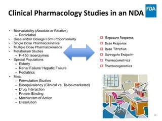 28
Clinical Pharmacology Studies in an NDA
• Bioavailability (Absolute or Relative)
– Radiolabel
• Dose and/or Dosage Form...