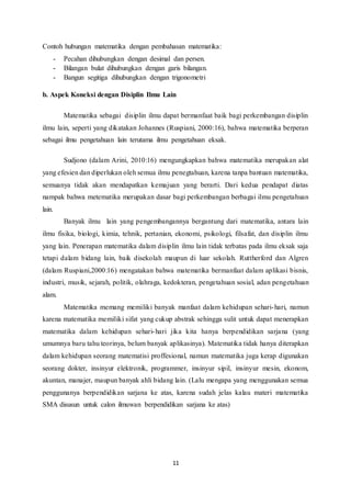 Contoh hubungan matematika dengan pembahasan matematika: 
- Pecahan dihubungkan dengan desimal dan persen. 
- Bilangan bulat dihubungkan dengan garis bilangan. 
- Bangun segitiga dihubungkan dengan trigonometri 
b. Aspek Koneksi dengan Disiplin Ilmu Lain 
Matematika sebagai disiplin ilmu dapat bermanfaat baik bagi perkembangan disiplin 
ilmu lain, seperti yang dikatakan Johannes (Ruspiani, 2000:16), bahwa matematika berperan 
sebagai ilmu pengetahuan lain terutama ilmu pengetahuan eksak. 
Sudjono (dalam Arini, 2010:16) mengungkapkan bahwa matematika merupakan alat 
yang efesien dan diperlukan oleh semua ilmu penegtahuan, karena tanpa bantuan matematika, 
semuanya tidak akan mendapatkan kemajuan yang berarti. Dari kedua pendapat diatas 
nampak bahwa metematika merupakan dasar bagi perkembangan berbagai ilmu pengetahuan 
lain. 
Banyak ilmu lain yang pengembangannya bergantung dari matematika, antara lain 
ilmu fisika, biologi, kimia, tehnik, pertanian, ekonomi, psikologi, filsafat, dan disiplin ilmu 
yang lain. Penerapan matematika dalam disiplin ilmu lain tidak terbatas pada ilmu eksak saja 
tetapi dalam bidang lain, baik disekolah maupun di luar sekolah. Ruttherford dan Algren 
(dalam Ruspiani,2000:16) mengatakan bahwa matematika bermanfaat dalam aplikasi bisnis, 
industri, musik, sejarah, politik, olahraga, kedokteran, pengetahuan sosial, adan pengetahuan 
alam. 
Matematika memang memiliki banyak manfaat dalam kehidupan sehari-hari, namun 
karena matematika memiliki sifat yang cukup abstrak sehingga sulit untuk dapat menerapkan 
matematika dalam kehidupan sehari-hari jika kita hanya berpendidikan sarjana (yang 
umumnya baru tahu teorinya, belum banyak aplikasinya). Matematika tidak hanya diterapkan 
dalam kehidupan seorang matematisi proffesional, namun matematika juga kerap digunakan 
seorang dokter, insinyur elektronik, programmer, insinyur sipil, insinyur mesin, ekonom, 
akuntan, manajer, maupun banyak ahli bidang lain. (Lalu mengapa yang menggunakan semua 
penggunanya berpendidikan sarjana ke atas, karena sudah jelas kalau materi matematika 
SMA disusun untuk calon ilmuwan berpendidikan sarjana ke atas) 
11 
 
