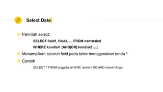 Select Data
 Perintah select:
SELECT field1, field2, … FROM namatabel
WHERE kondisi1 [AND|OR] kondisi2 ….;
 Menampilkan seluruh field pada table menggunakan tanda *
 Contoh
SELECT * FROM anggota WHERE nomor=106 AND nama=‘Arya’;
 