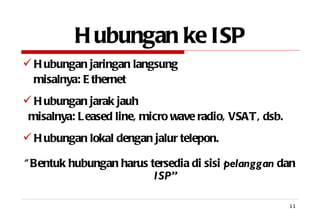 Hubungan ke ISP Hubungan jaringan langsung misalnya: Ethernet Hubungan jarak jauh  misalnya: Leased line, micro wave radio, VSAT, dsb. Hubungan lokal dengan jalur telepon. “ Bentuk hubungan harus tersedia di sisi  pelanggan  dan  ISP” 