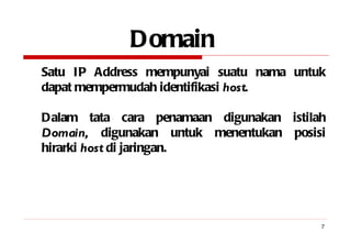 Domain   Satu IP Address mempunyai suatu nama untuk dapat mempermudah identifikasi  host. Dalam tata cara penamaan digunakan istilah  Domain,  digunakan untuk menentukan posisi hirarki  host  di jaringan. 