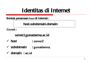 Identitas di Internet Bentuk penamaan  host  di Internet : host.subdomain.domain Contoh :   server2.gunadarma.ac.id host  :  server2 subdomain  :  gunadarma ,  domain  :  ac.id 