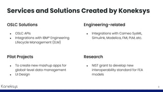 Services and Solutions Created by Koneksys
OSLC Solutions
● OSLC APIs
● Integrations with IBM® Engineering
Lifecycle Management (ELM)
3
Engineering-related
● Integrations with Cameo SysML,
Simulink, Modelica, FMI, PLM, etc.
Pilot Projects
● To create new mashup apps for
global-level data management
● UI Design
Research
● NIST grant to develop new
interoperability standard for FEA
models
 