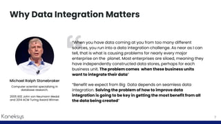 Why Data Integration Matters
7
“When you have data coming at you from too many different
sources, you run into a data integration challenge. As near as I can
tell, that is what is causing problems for nearly every major
enterprise on the planet. Most enterprises are siloed, meaning they
have independently constructed data stores, perhaps for each
business unit. The problem comes when these business units
want to integrate their data”
“Benefit we expect from Big Data depends on seamless data
integration. Solving the problem of how to improve data
integration is going to be key in getting the most benefit from all
the data being created”
Computer scientist specializing in
database research.
2005 IEEE John von Neumann Medal
and 2014 ACM Turing Award Winner.
Michael Ralph Stonebraker
 