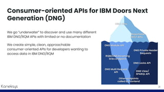 Consumer-oriented APIs for IBM Doors Next
Generation (DNG)
We go “underwater” to discover and use many different
IBM DNG/R...