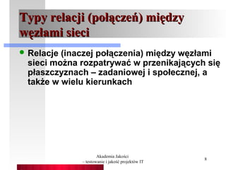 Typy relacji (połączeń) między
węzłami sieci
 Relacje(inaczej połączenia) między węzłami
 sieci można rozpatrywać w przenikających się
 płaszczyznach – zadaniowej i społecznej, a
 także w wielu kierunkach




                     Akademia Jakości
                                                  8
             – testowanie i jakość projektów IT
 