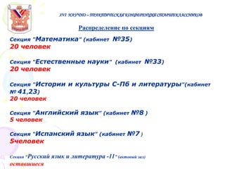 XVI НАУЧНО – ПРАКТИЧЕСКАЯ КОНФЕРЕНЦИЯ СТАРШЕКЛАССНИКОВ

Распределение по секциям
Секция "Математика" (кабинет

20 человек

Секция "Естественные

20 человек

Секция "Истории
№ 41,23)

науки"

№35)

(кабинет

№33)

и культуры С-Пб и литературы"(кабинет

20 человек

Секция "Английский

5 человек

Секция "Испанский

5человек

Секция "Русский

оставшиеся

язык" (кабинет №8 )

язык" (кабинет №7 )

язык и литература -11” (актовый зал)

 