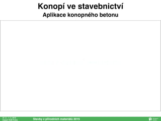 27. 2. - 1. 3. 2015
Impact HUB Praha Stavby z přírodních materiálů 2015
Konopí ve stavebnictví
Aplikace konopného betonu
 