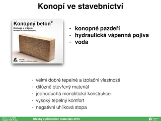 27. 2. - 1. 3. 2015
Impact HUB Praha Stavby z přírodních materiálů 2015
- velmi dobré tepelné a izolační vlastnosti
- difúzně otevřený materiál
- jednoduchá monolitická konstrukce
- vysoký tepelný komfort
- negativní uhlíková stopa
Konopí ve stavebnictví
- konopné pazdeří
- hydraulická vápenná pojiva
- voda
 