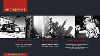 PETR NEUGEBAUER, 2015 | 14
COMMUNICATION
You must over communicate.
Say -> Listen to -> Act
MEETING CULTURE
Meetings are your enemy.
Meeting is always a cost.
TALENT MANAGEMENT
People hate emails from recruiters, but
they love them.
Recruiters send random messages via
linkedin because it works.
KEY TAKEAWAYS
 