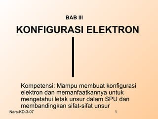 BAB III

   KONFIGURASI ELEKTRON




     Kompetensi: Mampu membuat konfigurasi
     elektron dan memanfaatkannya untuk
     mengetahui letak unsur dalam SPU dan
     membandingkan sifat-sifat unsur
Nars-KD-3-07                       1
 