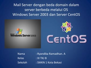 Mail Server dengan beda domain dalam
server berbeda melalui OS
Windows Server 2003 dan Server CentOS 6.5
Nama : Ryandika Ramadhan. A
Kelas : XI TKJ B
Sekolah : SMKN 1 Kota Bekasi
 