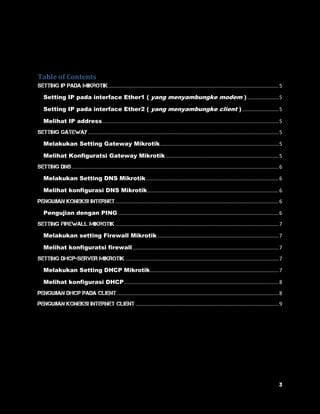 Table of Contents 
Setting IP Pada Mikrotik ...................................................................................................................... 5 
Setting IP pada interface Ether1 ( yang menyambungke modem ) ...................... 5 
Setting IP pada interface Ether2 ( yang menyambungke client ) ......................... 5 
Melihat IP address .......................................................................................................................... 5 
Setting gateway .................................................................................................................................... 5 
Melakukan Setting Gateway Mikrotik .................................................................................. 5 
Melihat Konfiguratsi Gateway Mikrotik .............................................................................. 5 
Setting DNs ............................................................................................................................................... 6 
Melakukan Setting DNS Mikrotik ............................................................................................ 6 
Melihat konfigurasi DNS Mikrotik ........................................................................................... 6 
Pengujian koneksi internet ................................................................................................................. 6 
Pengujian dengan PING ............................................................................................................... 6 
setting firewall mikrotik ................................................................................................................. 7 
Melakukan setting Firewall Mikrotik .................................................................................... 7 
Melihat konfiguratsi firewall ..................................................................................................... 7 
SETTING DHCP-SERVER MIKROTIK .......................................................................................................... 7 
Melakukan Setting DHCP Mikrotik ......................................................................................... 7 
Melihat konfigurasi DHCP ........................................................................................................... 8 
Pengujian dhcp pada client ................................................................................................................ 8 
Pengujian koneksi internet client ................................................................................................... 9 
 