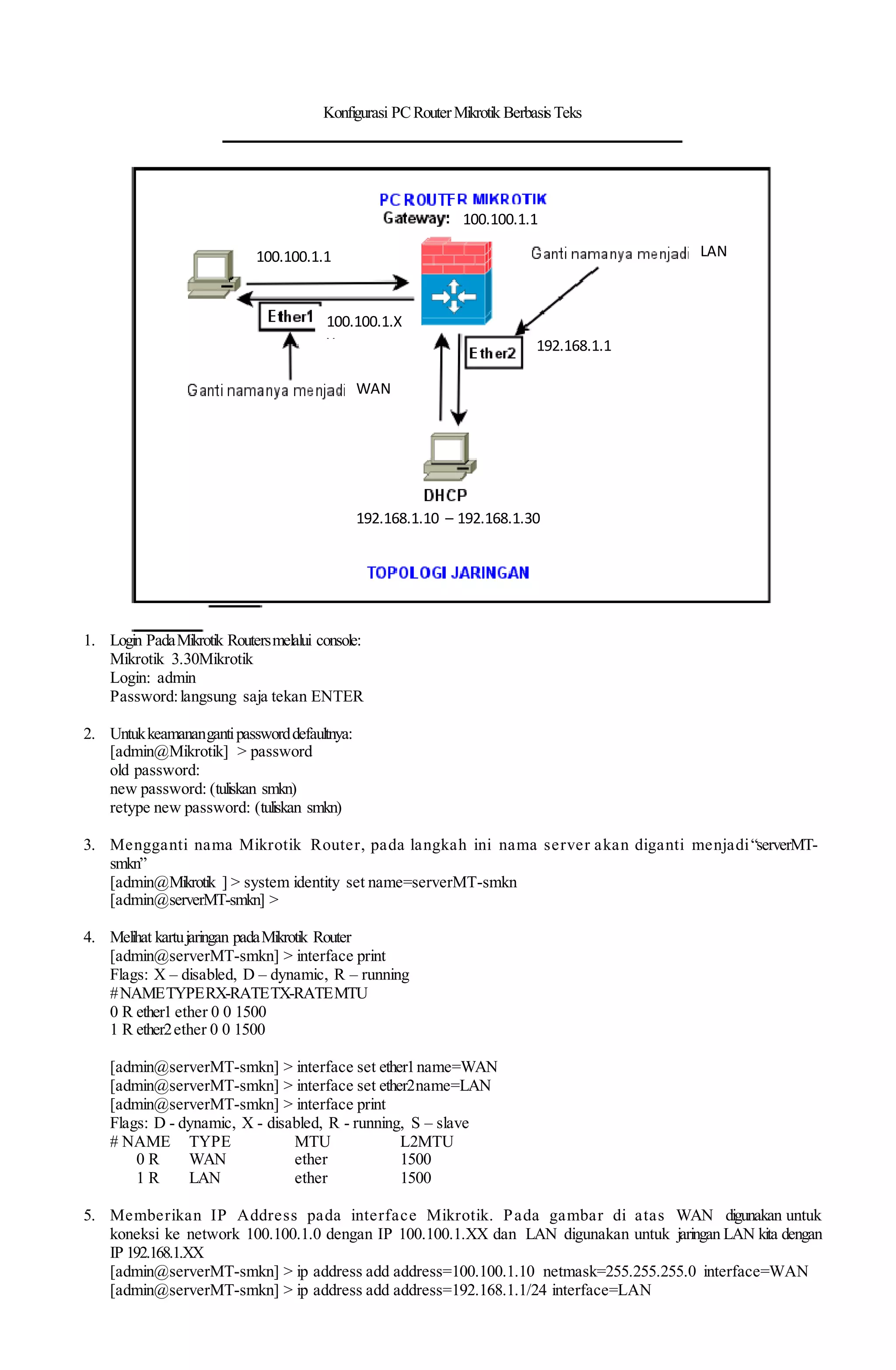 Konfigurasi pc router mikrotik berbasis teks | DOCX