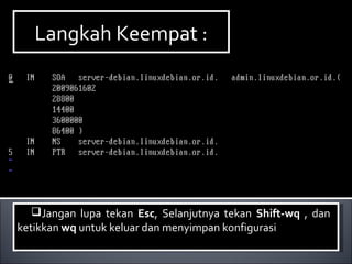 Jangan lupa tekan Esc, Selanjutnya tekan Shift-wq , dan
ketikkan wq untuk keluar dan menyimpan konfigurasi
Jangan lupa tekan Esc, Selanjutnya tekan Shift-wq , dan
ketikkan wq untuk keluar dan menyimpan konfigurasi
Langkah Keempat :Langkah Keempat :
 