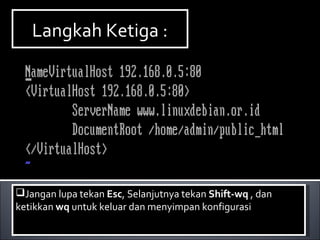 Langkah Ketiga :Langkah Ketiga :
Jangan lupa tekan Esc, Selanjutnya tekan Shift-wq , dan
ketikkan wq untuk keluar dan menyimpan konfigurasi
Jangan lupa tekan Esc, Selanjutnya tekan Shift-wq , dan
ketikkan wq untuk keluar dan menyimpan konfigurasi
 