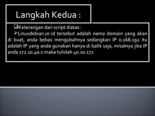 Keterangan dari script diatas :
Linuxdebian.or.id tersebut adalah nama domain yang akan
di buat, anda bebas mengubahnya sedangkan IP 0.168.192 itu
adalah IP yang anda gunakan hanya di balik saja, misalnya jika IP
anda 172.10.40.x maka tulislah 40.10.172
Keterangan dari script diatas :
Linuxdebian.or.id tersebut adalah nama domain yang akan
di buat, anda bebas mengubahnya sedangkan IP 0.168.192 itu
adalah IP yang anda gunakan hanya di balik saja, misalnya jika IP
anda 172.10.40.x maka tulislah 40.10.172
Langkah Kedua :Langkah Kedua :
 