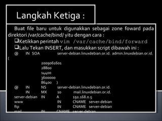 Buat file baru untuk digunakkan sebagai zone foward pada
direktori /var/cache/bind/ yitu dengan cara :
Ketikkan perintah vim /var/cache/bind/forward
Lalu Tekan INSERT, dan masukkan script dibawah ini :
@ IN SOA server-debian.linuxdebian.or.id. admin.linuxdebian.or.id.
(
2009061601
28800
14400
3600000
86400 )
@ IN NS server-debian.linuxdebian.or.id.
IN MX 10 mail.linuxdebian.or.id.
server-debian IN A 192.168.0.5
www IN CNAME server-debian
ftp IN CNAME server-debian
mail IN CNAME server-debian
Buat file baru untuk digunakkan sebagai zone foward pada
direktori /var/cache/bind/ yitu dengan cara :
Ketikkan perintah vim /var/cache/bind/forward
Lalu Tekan INSERT, dan masukkan script dibawah ini :
@ IN SOA server-debian.linuxdebian.or.id. admin.linuxdebian.or.id.
(
2009061601
28800
14400
3600000
86400 )
@ IN NS server-debian.linuxdebian.or.id.
IN MX 10 mail.linuxdebian.or.id.
server-debian IN A 192.168.0.5
www IN CNAME server-debian
ftp IN CNAME server-debian
mail IN CNAME server-debian
Langkah Ketiga :Langkah Ketiga :
 