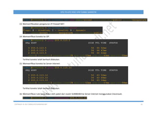 COPYRIGHT © 2017 WWW.IPUTUHARIYADI.NET 16
SITE-TO-SITE IPSEC VPN TUNNEL MIKROTIK
13. Memverifikasikan pengaturan IP Firewall NAT.
14. Memverifikasi koneksi ke ISP.
Terlihat koneksi telah berhasil dilakukan.
15. Memverifikasi koneksi ke Server Internet.
Terlihat koneksi telah berhasil dilakukan.
16. Memverifikasi rute yang dilalui oleh paket dari router SUMBAWA ke Server Internet menggunakan traceroute.
 