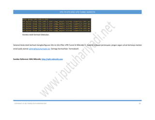 COPYRIGHT © 2017 WWW.IPUTUHARIYADI.NET 30
SITE-TO-SITE IPSEC VPN TUNNEL MIKROTIK
Koneksi telah berhasil dilakukan.
Selamat Anda telah berhasil mengkonfigurasi Site-to-Site IPSec VPN Tunnel di Mikrotik . Apabila terdapat pertanyaan, jangan segan untuk bertanya melalui
email pada alamat admin@iputuhariyadi.net. Semoga bermanfaat. Terimakasih.
Sumber Referensi: Wiki Mikrotik, http://wiki.mikrotik.com
 