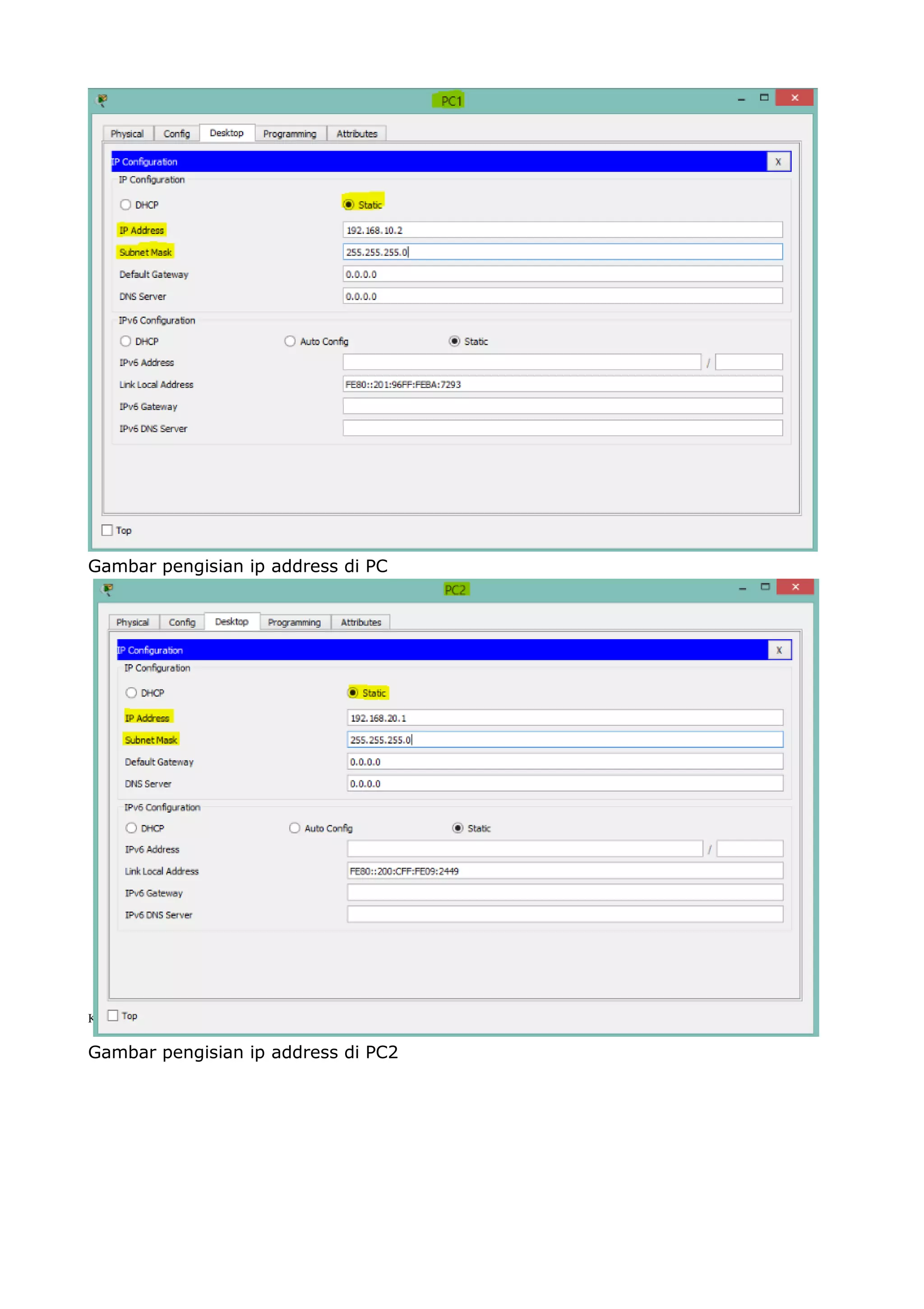 Gambar pengisian ip address di PC
Gambar pengisian ip address di PC2
23/34
KOMPETENSI KEAHLIAN TKJ-
SIJA
 