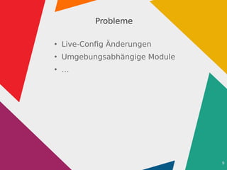 9
Probleme
●
Live-Config Änderungen
●
Umgebungsabhängige Module
●
…
 